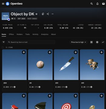 A screenshot of the OpenSea NFT marketplace showing an NFT collection titled "Object by DK" with a floor price of 0.035 ETH.
