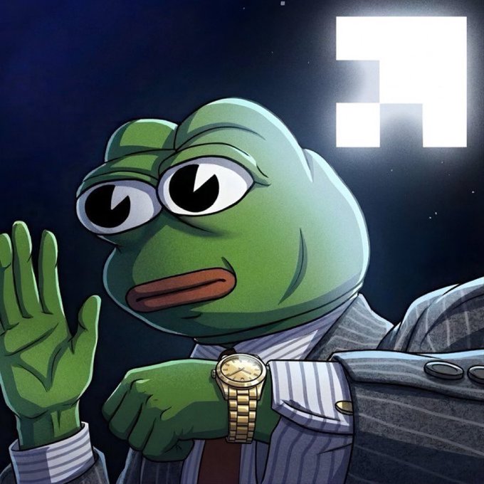 The image features a cartoon frog wearing a suit, standing against a dark background with its arms raised. The frog has a gold watch on its wrist and appears to be looking at something off-camera. The caption of the image reads "Woke up this morning, I checked the timeline and somehow $PFP finds its way back onto my screen that’s the thing about strong narratives you don't have to force them." This message seems to be related to a post on social media or a conversation among friends.