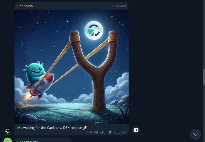 The image features a cartoon character with wings, holding a slingshot that has a rocket attached to it. The character appears to be flying through space or an area with clouds. The caption of the image reads "when the market goes red, canborsa keep building red on the market is never a problem, just an opportunity. short/ long, up to 20x leverage on crypto, gold, stocks, & commodities". This post seems to be related to Canborsa's DEX launch and could potentially be about investing in cryptocurrency or other financial markets.