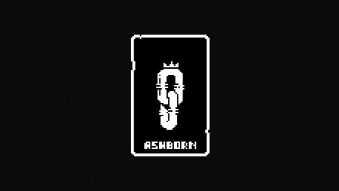 A black-and-white pixelated playing card featuring a hooded, crowned figure with the text "ASHBORN" beneath it, promoting the Ashborn Merge event where participants chain cards together for a chance to join a whitelist.