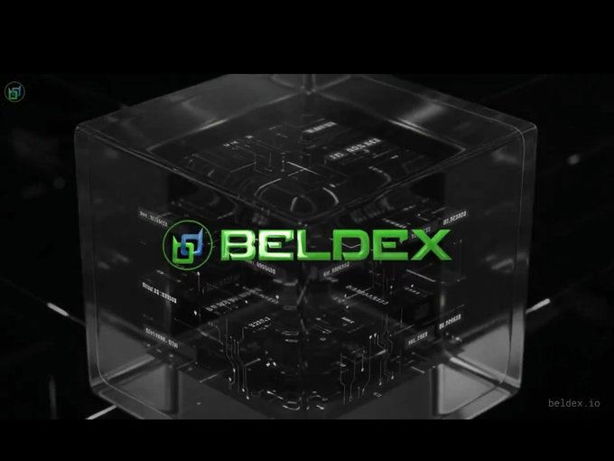 A promotional graphic for 'BELDEX' (beldex.io) featuring a transparent cube revealing computer hardware/circuitry inside with the green Beldex logo overlaid.