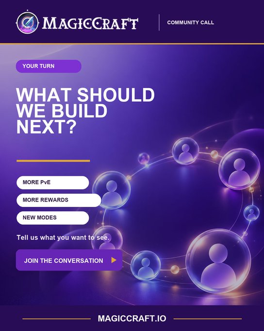 A promotional graphic for MagicCraft titled 'WHAT SHOULD WE BUILD NEXT?' featuring 'YOUR TURN' and 'COMMUNITY CALL' with options for 'MORE PvE', 'MORE REWARDS', and 'NEW MODES'.