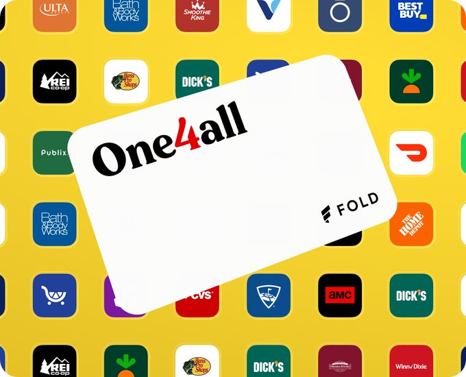 A white gift card displaying the 'One4all FOLD' logo is overlaid on a yellow background filled with various retail brand logos including Ulta, Best Buy, Dick's, AMC, and CVS.