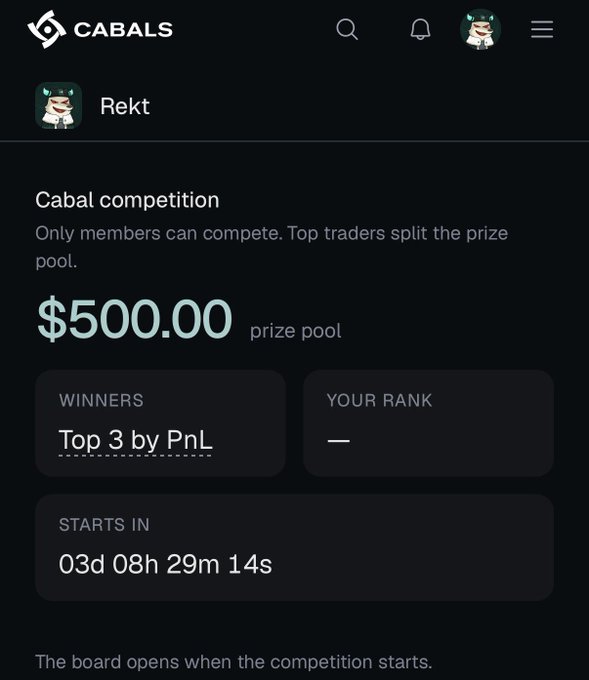 A screenshot of the Cabals platform showing a trading competition page for the "Rekt" cabal, featuring a $500.00 prize pool to be split among the top 3 traders by PnL, with the competition starting in 3 days, 8 hours, 29 minutes, and 14 seconds, and a note that only 14 members currently have access to the exclusive event.