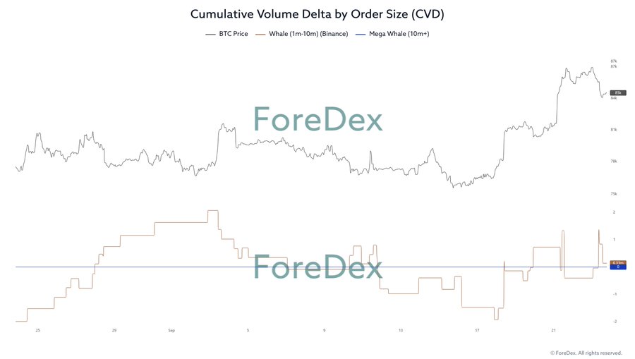 A financial chart titled 'Cumulative Volume Delta by Order Size (CVD)' from ForeDex showing BTC Price alongside Whale (1m-10m) (Binance) and Mega Whale (10m+) data, with the BTC price line showing volatility and ending near 87k.