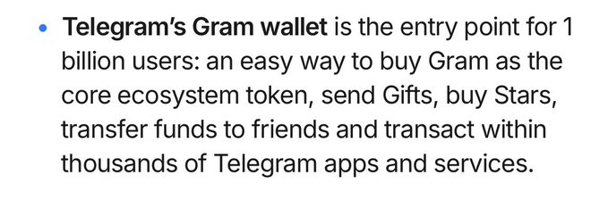 A text slide explaining that Telegram's Gram wallet is the entry point for 1 billion users, allowing them to buy Gram, send Gifts, buy Stars, transfer funds, and transact within Telegram apps.