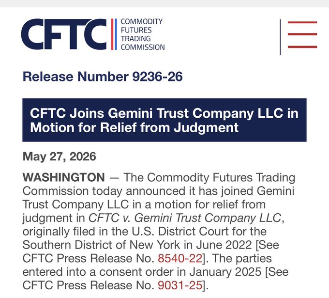 The image shows a letter from the Commodity Futures Trading Commission (CFTC) to a company, stating that they have made an error in their judgment regarding a case involving Gemini cryptocurrency. The letter also mentions that the CFTC has issued a statement acknowledging the mistake and that it is now accepting a settlement for the matter.