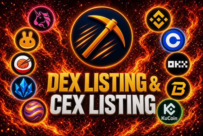 A fiery promotional graphic reads "DEX LISTING & CEX LISTING" featuring a central pickaxe logo flanked by exchange and crypto platform icons (including KuCoin, OKX, Binance, Coinbase, and CoinMarketCap), with the flames and mining pickaxe visually symbolizing the community's debate over where the StarX ($STRX) token should list first.