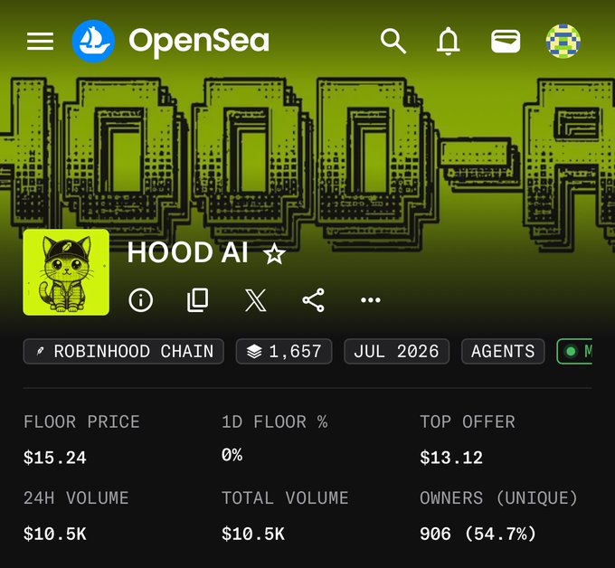 This OpenSea listing for "HOOD AI" on the Robinhood Chain shows a floor price of $15.24, with $13.12 as the top offer. The post suggests this NFT project is failing, with the "founders" possibly reneging on promises as indicated by the low offer prices compared to the floor price and volume metrics.