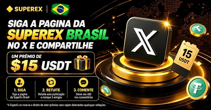 A Portuguese-language promotional graphic for SuperEx Brasil on X offering a $15 USDT prize for following, retweeting, and commenting.