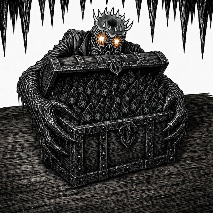 A black-and-white pen and ink illustration of a grotesque, spiky creature with glowing eyes emerging from an open treasure chest filled with diamond-shaped crystals.