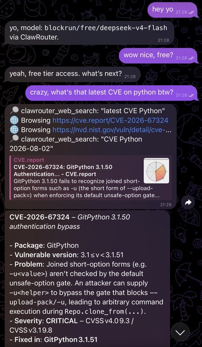 A Telegram chat screenshot shows a user interacting with an AI model identified as "blockrun/free/deepseek-v4-flash" via ClawRouter, demonstrating its free tier access by asking about the latest Python CVE. The AI successfully retrieves and summarizes CVE-2026-67324, a CRITICAL authentication bypass vulnerability in GitPython 3.1.50, showcasing the model's ability to provide accurate, real-time technical security information through the free service.