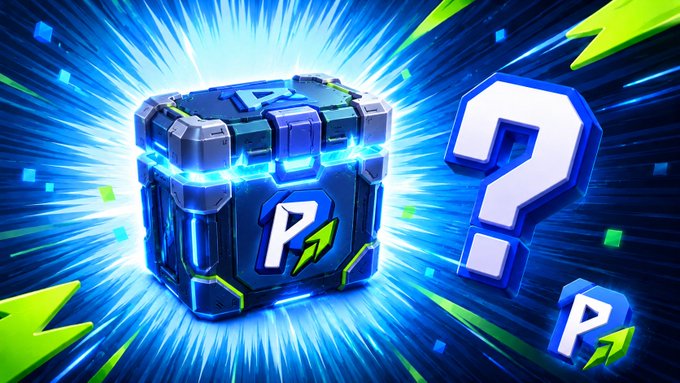 A vibrant digital graphic showing a glowing blue and green treasure chest/cube with a 'P' logo, accompanied by question marks and dynamic light effects on a blue background.