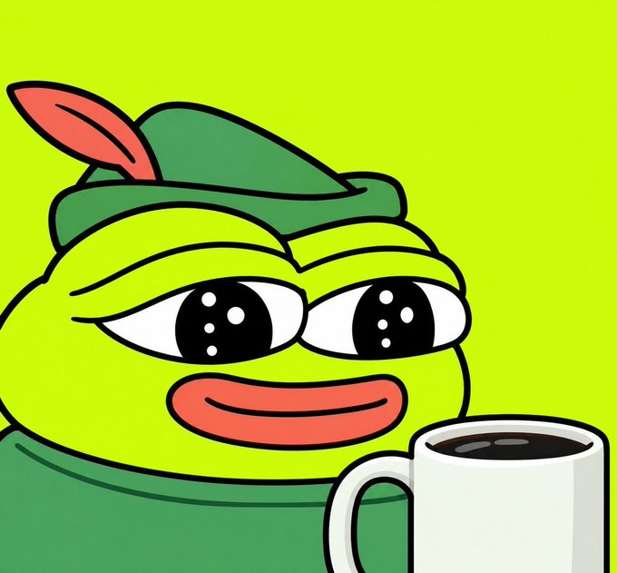 A cartoon green frog-like character wearing a green hat with a red feather, smiling next to a mug of dark coffee on a lime green background.