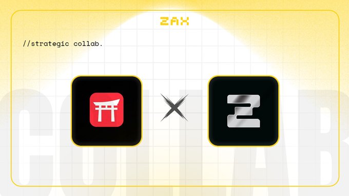 A digital announcement graphic featuring the text "ZAX" at the top and "//strategic collab." on the left, showcasing two black app icons with yellow borders separated by an "X" symbol—one displaying a red torii gate and the other showing a stylized "2"—representing the strategic partnership between ZAX and @0xhazels.