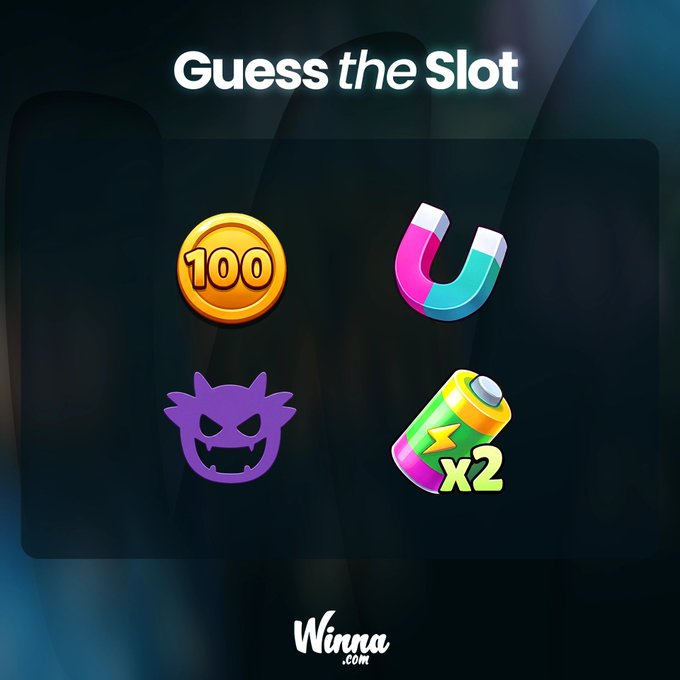 A "Guess the Slot" puzzle displays four emojis—a 100 coin, a magnet, a purple monster face, and a double energy drink—asking viewers to identify which item belongs in the missing slot, with Winna.com promoting a giveaway of $20 to five participants who retweet, like, and tag three friends with their username.