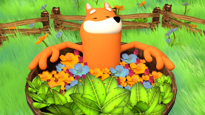 The image features an orange cartoon fox sitting inside a wooden barrel filled with flowers. The fox appears to be enjoying its time surrounded by the colorful flowers. The background of the image shows a grassy area, which adds to the overall charm of the scene. The caption at the bottom of the image reads "Have a great weekend swappers! Touch some grass, then we start the grind right up on Monday".