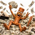 Meme image of the brown Skibidi Toilet character with a speaker head, wearing a black cap, sitting in a pile of dollar bills.