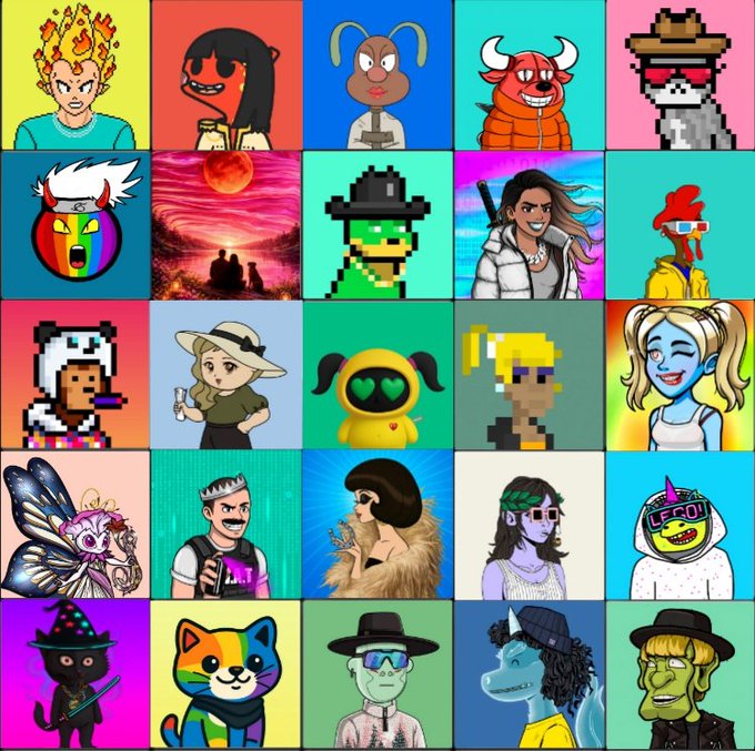 The image features a grid of various cartoon characters, including humans and animals such as cats and dogs, all wearing hats and sunglasses. The characters are arranged in rows and columns, creating an eye-catching display that showcases their unique personalities and appearances. The colors used for each character vary, adding to the visual appeal of the scene. The post's title "NFT Portfolio mode: ON! @KingSolNFTs1 @LongLostNFT @solAsylum5150 @bullBearsX @poisonouspinups @AiArsenals @doginaldogs @VaultRunners @crazychickenHQ @APEOFTHEHILL @dreamsnftme @WegeneTTes @re_generates @Nuddies_". The post's focus on the characters and their unique features makes it an interesting read for those who appreciate the creativity behind these cartoon characters.