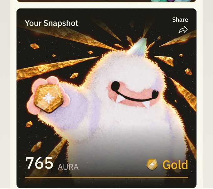 A screenshot from a game showing a white fluffy monster with fangs holding a gold coin, with 'Your Snapshot', '765 AURA', and 'Gold' text visible.