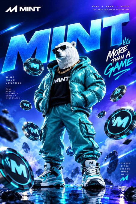 A promotional poster for 'MINT' featuring a white bear wearing sunglasses and a teal outfit, with text reading 'PLAY X EARN X BUILD THE NEXT GEN WEB3 ECOSYSTEM' and 'MORE THAN A GAME'.