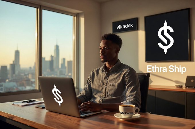 A young man working on a laptop at a desk in a high-rise office with a city skyline view, with text overlays reading 'Akadex,' 'Ethra Ship,' a dollar sign symbol, and 'GM Coffee' on his mug.
