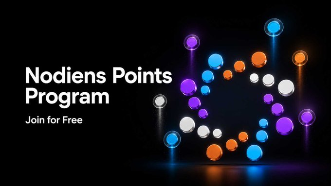 A promotional graphic on a black background reads 'Nodiens Points Program Join for Free' next to a spiral arrangement of glowing 3D spheres in purple, orange, white, and blue.