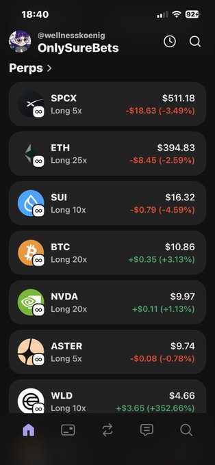 The image shows a phone screen displaying various cryptocurrency symbols, including Bitcoin, ETH, and others. The text on the screen reads "Only SureBets Perps" and "Long 5x", indicating that the user has selected a specific set of cryptocurrencies for trading or investing in.