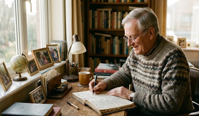 The image features an older man sitting at a desk, writing in a notebook with pen and paper. The man appears to be smiling as he writes, suggesting that he enjoys this activity or has something positive to say about his life. In the background, there are several books on shelves, indicating that the man might have an interest in reading or learning. A globe is also present in the scene, which could suggest a love for travel or exploration. The image seems to be related to a post about gambling and the man's father, as it contains the text "I thought my father gambled. Every morning he smiled and wrote in a notebook."