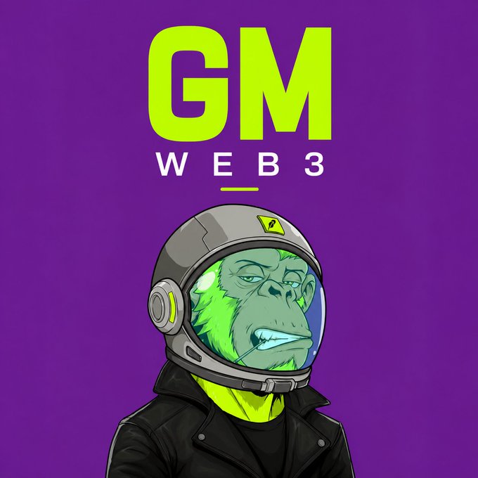 A cartoon graphic with a purple background featuring a grumpy green ape in an astronaut helmet below the text 'GM WEB 3'.