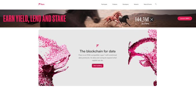 The image shows the Flare website homepage featuring the tagline "EARN YIELD, LEND AND STAKE" with horses running on a banner and a TVL figure of "$144.3M on Flare," along with a central section titled "The blockchain for data" describing Flare as an EVM-compatible Layer 1 with enshrined data protocols. The post highlights how Flare built data infrastructure (FTSO, FDC) directly into its base layer, with the website serving as a hub to explore these data and compute capabilities that expand what issued capital can do.