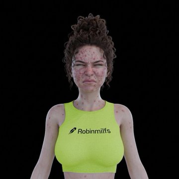 A 3D-rendered woman with curly hair wearing a neon yellow 'Robinmilfs' crop top displays an angry expression against a black background.