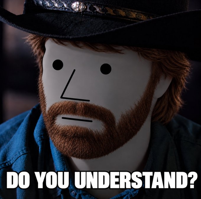 A figure wearing a black cowboy hat and blue shirt, whose face has been edited to have a simple, cartoonish drawn-on expression, with bold white text 'DO YOU UNDERSTAND?' at the bottom.