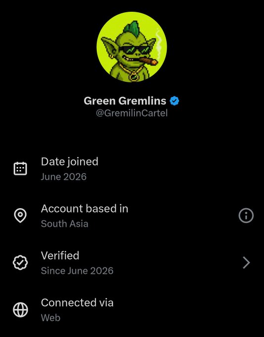Twitter/X profile for 'Green Gremlins' (@GremlinCartel) with a goblin avatar smoking a cigar, verified, joined June 2026, based in South Asia, connected via Web.