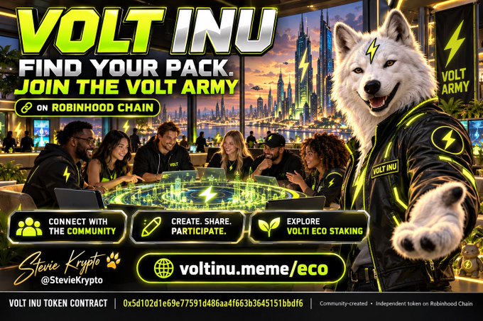 A promotional banner for 'VOLT INU' cryptocurrency on the Robinhood Chain, featuring a white dog in futuristic gear, text 'FIND YOUR PACK. JOIN THE VOLT ARMY,' and the URL 'voltinu.meme/eco' signed by Stevie Krypto.