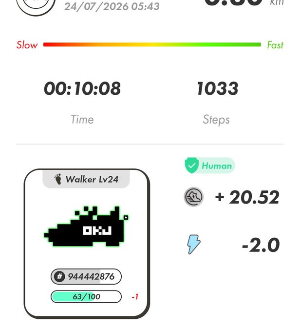 A fitness tracker app screenshot dated 24/07/2026 at 05:43, showing 1033 steps in 00:10:08 time with a 'Walker Lv24' pixel character, +20.52 calories, and -2.0 energy.