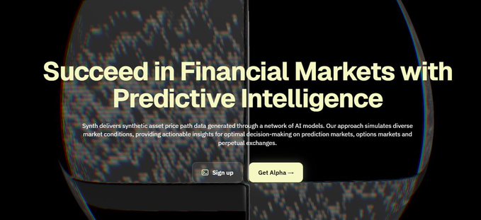 The image displays the website for Synth data Co., which focuses on delivering probabilistic forecasts in the financial markets using Predictive Intelligence. The site has a clean, white background with an overlay of the text "Success in Financial Markets with Predictive Intelligence". This suggests that Synth data is being used to predict stock prices and market trends, offering valuable insights for those looking to succeed in the financial markets.