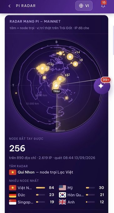 A screenshot of the 'Pi RADAR' mobile app interface showing a global map with highlighted nodes, indicating 256 active nodes and ranking top countries by node count.