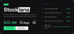 Website screenshot for Stocklana showing a request to publish a $121,000 crypto giveaway over 10 days, with a "Register Now" button and live details list.