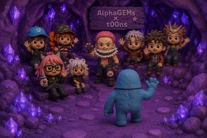 A group of stylized cartoon characters gather inside a purple crystal cave, waving at a blue among us-style figure in the center, with a wooden sign reading "AlphaGEMs × t00ns" hanging above them. The scene celebrates the partnership securing 80 GTD spots for AlphaGEMs in the t00ns community.