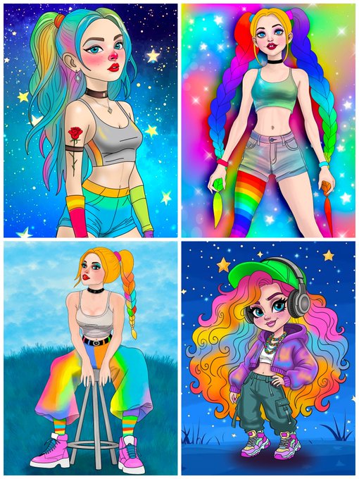 A four-panel grid showcasing vibrant digital illustrations of stylized female characters with rainbow-colored hair and bold fashion, each set against a starry or dreamy backdrop, matching the colorful character lineup—Nova Rose, Rainbow Raya, Aether of Elysia, and Lumi Starweaver—listed in the GE family adoption post.