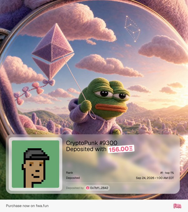 A whimsical 3D-rendered Pepe the Frog in a fuzzy hoodie holds a kite shaped like the Ethereum logo against a pastel sky, overlaid with a CryptoPunks NFT card showing "CryptoPunk #9300 Deposited with 156.00Ξ" and rank "#1 - top 1%" by depositor "0x7bf1...2842." The playful, dreamy artwork visually complements the post's announcement of the high-value CryptoPunk deposit on fwa.fun.