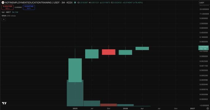 A black computer screen displays a graph with red bars indicating gains or losses over time, possibly related to cryptocurrency trading. There is also text below that refers to the "not in employment education/training" NEET and "earliest" being the oldest meme, along with the phrase "focus on what is in the image".