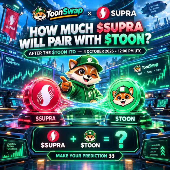 A digital promotional graphic asks 'HOW MUCH $SUPRA WILL PAIR WITH $TOON?' following the $TOON ITO on 4 OCTOBER 2026, featuring a Shiba Inu mascot in a green cap.