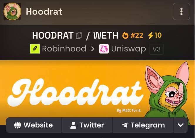 A Hoodrat cryptocurrency token page showing the HOODRAT/WETH trading pair (#22) with Robinhood and Uniswap V3 links, featuring Matt Furie's hoodrat character illustration.
