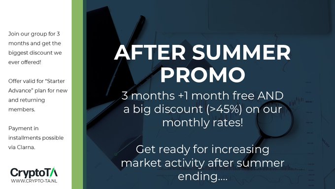 The promotional image advertises CryptoTA's "After Summer Promo," offering 3 months plus 1 month free and over 45% off their "Starter Advance" plan, while clarifying payment installment availability through Klarna—matching the post directing viewers to crypto-ta.nl/#pricing to access the live deal.