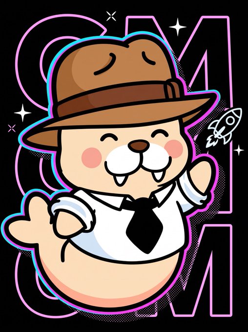 A cartoon illustration of a smiling beaver or hamster wearing a brown explorer hat, white shirt, and black tie, set against a neon-style "SM" logo with a rocket ship.