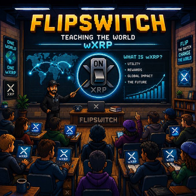 A cartoon classroom scene where an instructor stands at the front under a 'FLIPSWITCH TEACHING THE WORLD WXRP' sign, teaching students about WXRP with 'WHAT IS WXRP?' bullet points listing Utility, Rewards, Global Impact, and The Future.