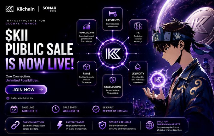Promotional banner for Kiichain's $KII Public Sale with anime character artwork, highlighting features like Financial Apps, Payments, FX, RWAS, Stablecoins, and Liquidity, with sale dates August 3-11 at sale.kiichain.io.