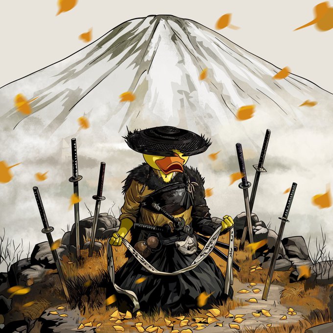 An illustrated bird-like samurai character in traditional gear, sitting among swords stuck in the ground with Mount Fuji in the background, surrounded by falling autumn leaves.
